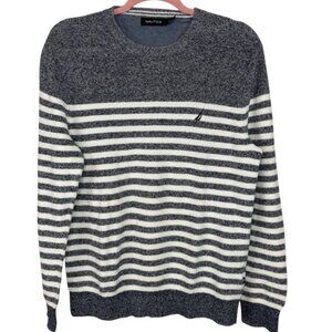 Nautica Blue & white stripped crewneck sweater Embroidered logo Size Medium